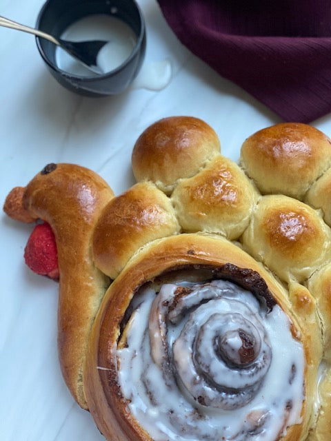 Thanksgiving Series Classes: Turkey Shaped Centerpiece, Candied Pecan and Cranberry Babka, Challah Stuffing and Stuffing Muffins, and Sweet Potato Pie  🦃