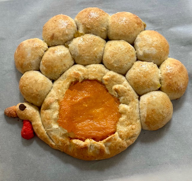 Thanksgiving Series Classes: Turkey Shaped Centerpiece, Candied Pecan and Cranberry Babka, Challah Stuffing and Stuffing Muffins, and Sweet Potato Pie  🦃