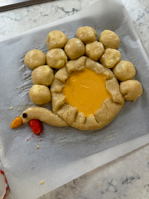 Thanksgiving Series Classes: Turkey Shaped Centerpiece, Candied Pecan and Cranberry Babka, Challah Stuffing and Stuffing Muffins, and Sweet Potato Pie  🦃